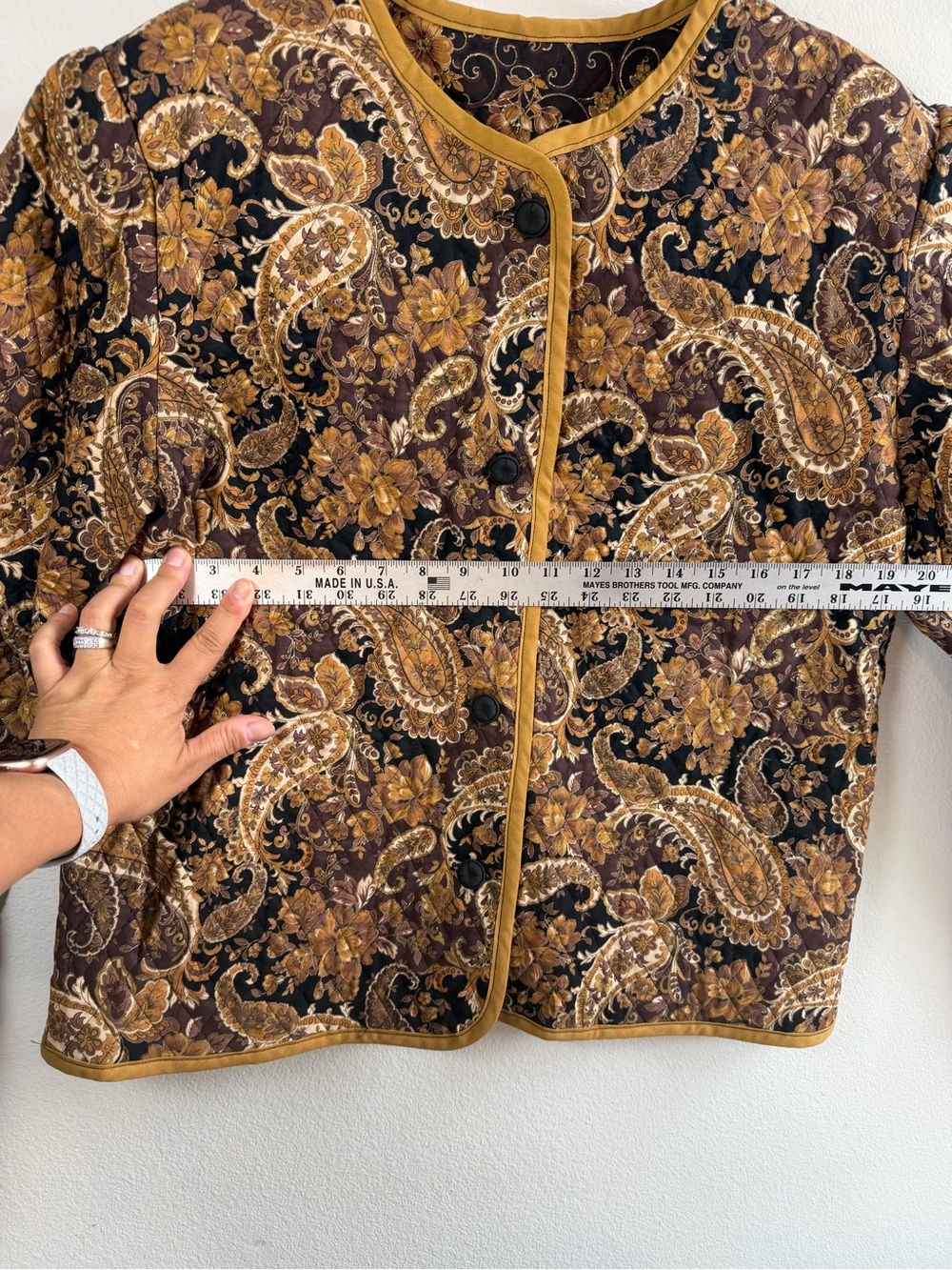 Paisley Floral Quilted Jacket Gold Brown Black Button Front - Picture 5 of 9
